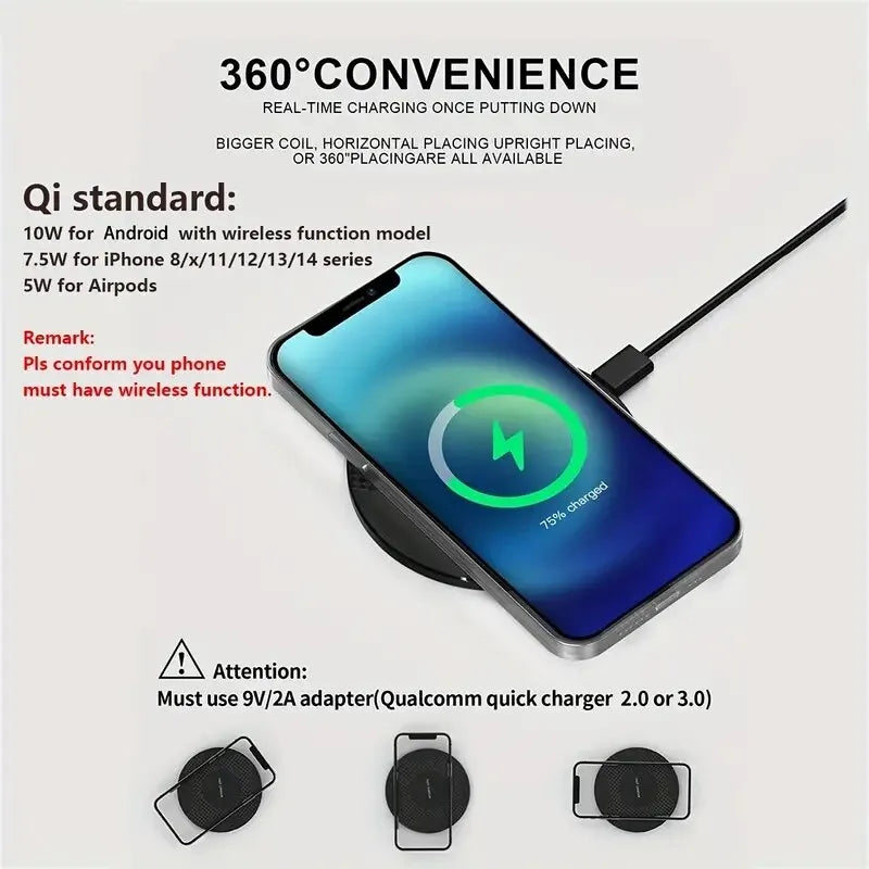 10W Wireless Charger Pad Stand Desktop Ultra-Thin Mobile Phone Fast Charging Dock Station for Iphone 14 13 12 11 Samsung Xiaomi