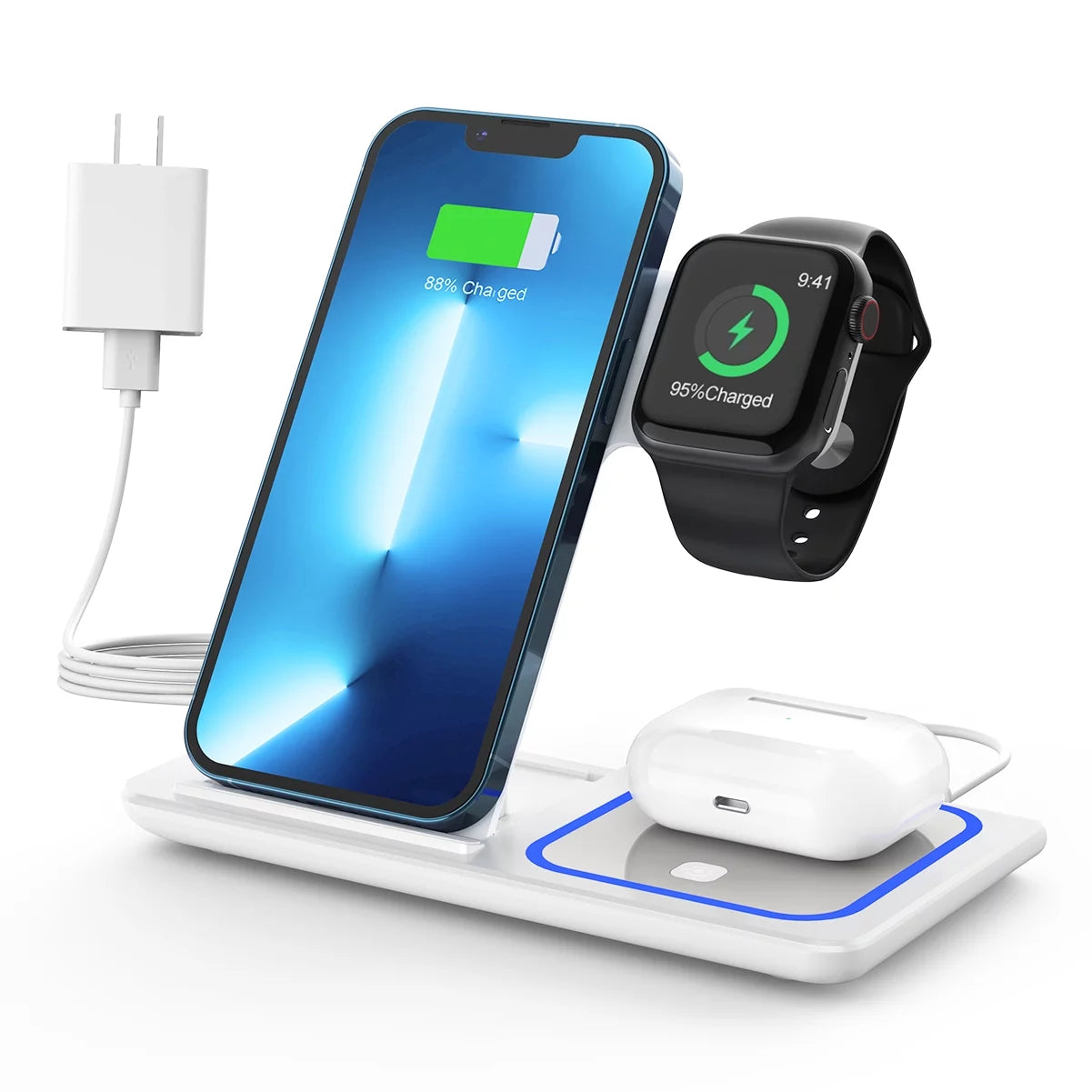 Wireless Charger, 3 in 1 Wireless Charging Station, Fast Charging Dock for Iphone 15/14/13/12/11/Pro/Xs/Xr/X/Se/Galaxy, 15W Wireless Charger Stand for Apple Watch Series 8/7/6/5/4/3/2/Airpods