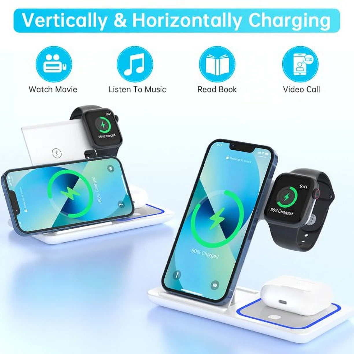 Wireless Charger, 3 in 1 Wireless Charging Station, Fast Charging Dock for Iphone 15/14/13/12/11/Pro/Xs/Xr/X/Se/Galaxy, 15W Wireless Charger Stand for Apple Watch Series 8/7/6/5/4/3/2/Airpods