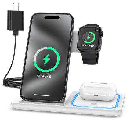 Wireless Charger, 3 in 1 Wireless Charging Station, Fast Charging Dock for Iphone 15/14/13/12/11/Pro/Xs/Xr/X/Se/Galaxy, 15W Wireless Charger Stand for Apple Watch Series 8/7/6/5/4/3/2/Airpods